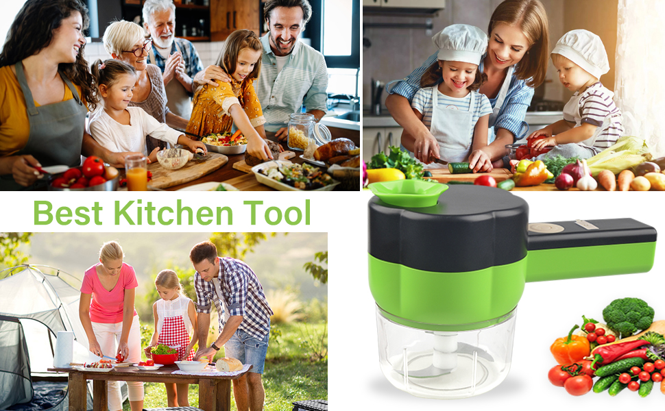 Collage showing green and black manual food chopper with clear container base, alongside images of families cooking and enjoying outdoor meals.