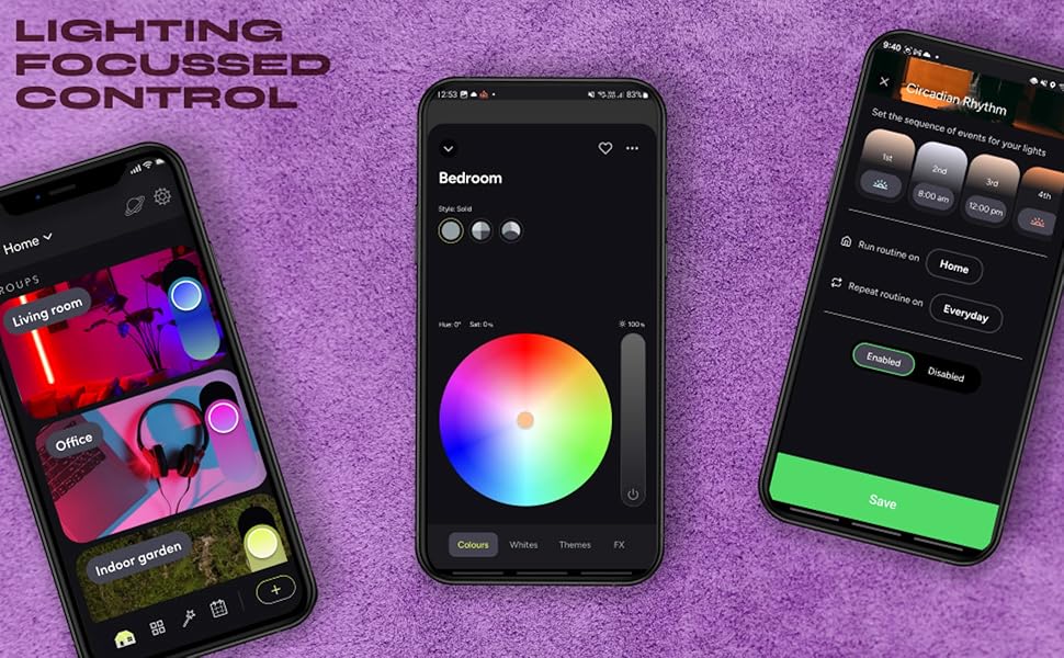 LIFX app screens: rooms, color selection, and circadian rhythm scheduling.