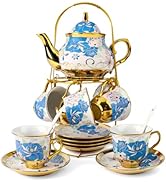 20Pcs Porcelain Tea Set with Metal Holder, European Ceramic Tea Set for 6 People, Vintage Flower ...