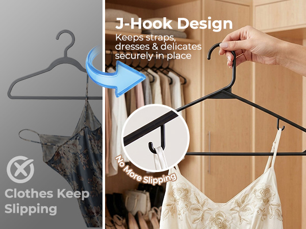 Say goodbye to camisoles and dresses falling off. Our hangers non-slip hooks lock straps in place
