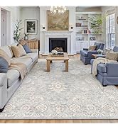 WondRg 8x10 Blue Cream Washable Area Rug for Living Room Bedroom Neutral Floral Soft Non Slip Rug...