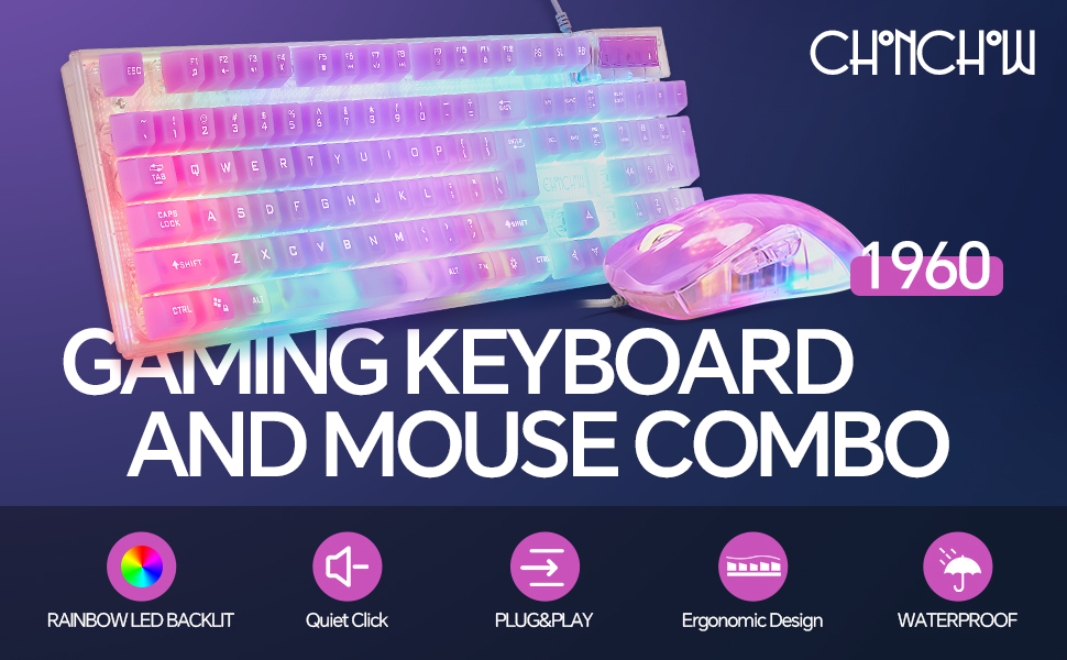 LED Rainbow Light Up Gaming Keyboard and Mouse Combo Transparent USB Wired