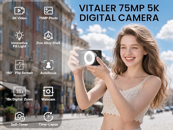 Text reads: 'VITALER 75MP 5K DIGITAL CAMERA' with feature icons including 'Ultra Zoom', 'Face Recognition', 'Zoom After Shot', 'WiFi', 'FHD Portrait', 'Autofocus', 'Night Mode', 'Selfie'. Woman holding compact digital camera demonstrating device with specifications displayed.