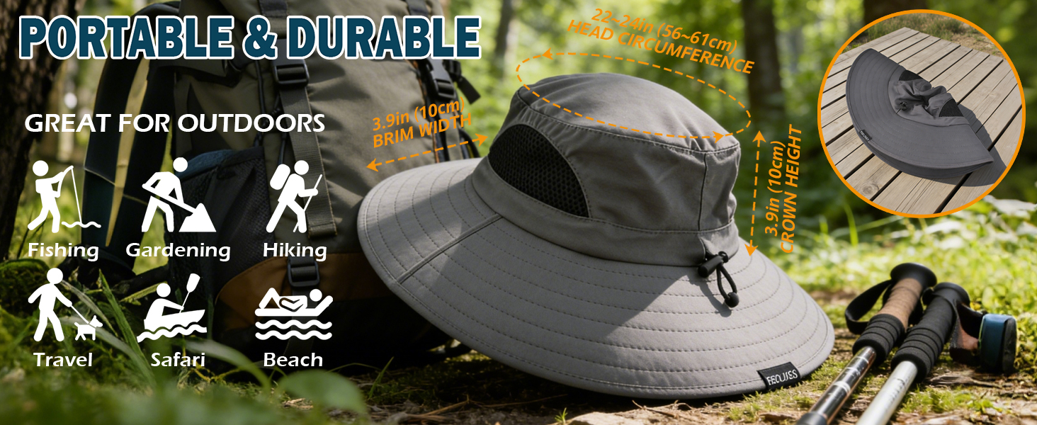 EINSKEY Foldable Sun Hat: 22-24in head, 3.9in brim, portable/durable for fishing/hiking/beach.