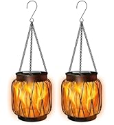 Solar Hanging Lantern Lights Outdoor Waterproof, 2 Pack Solar Flame Lantern with Hook, Metal Hang...
