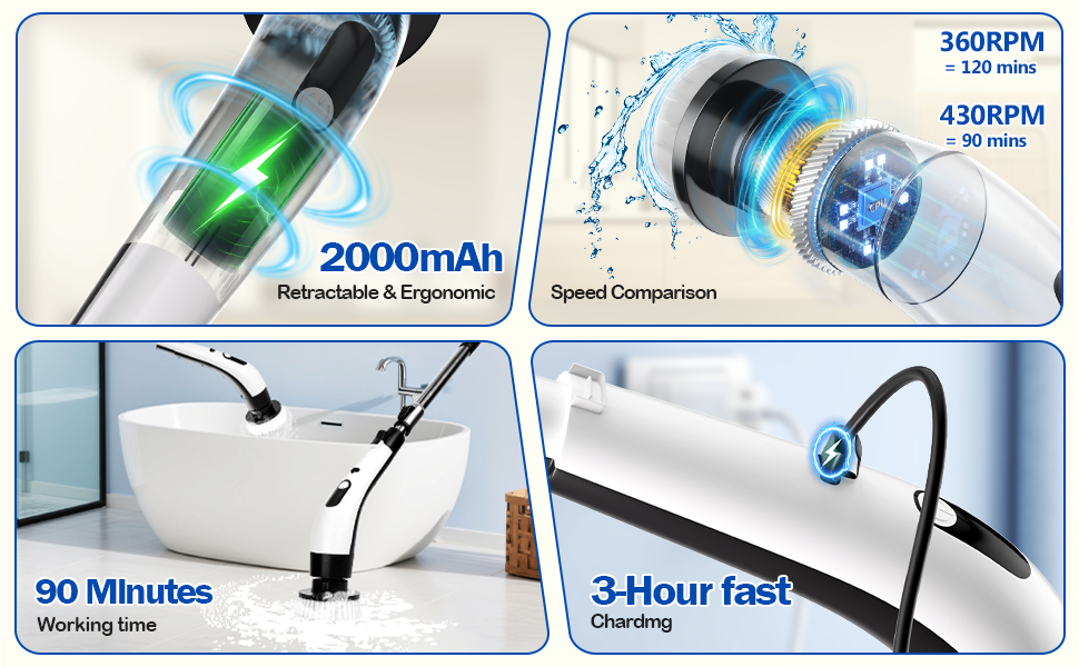 Electric Spin Scrubber Upgraded Battery with Extra-Long Runtime, IPX7 Waterproof Power Cleaner