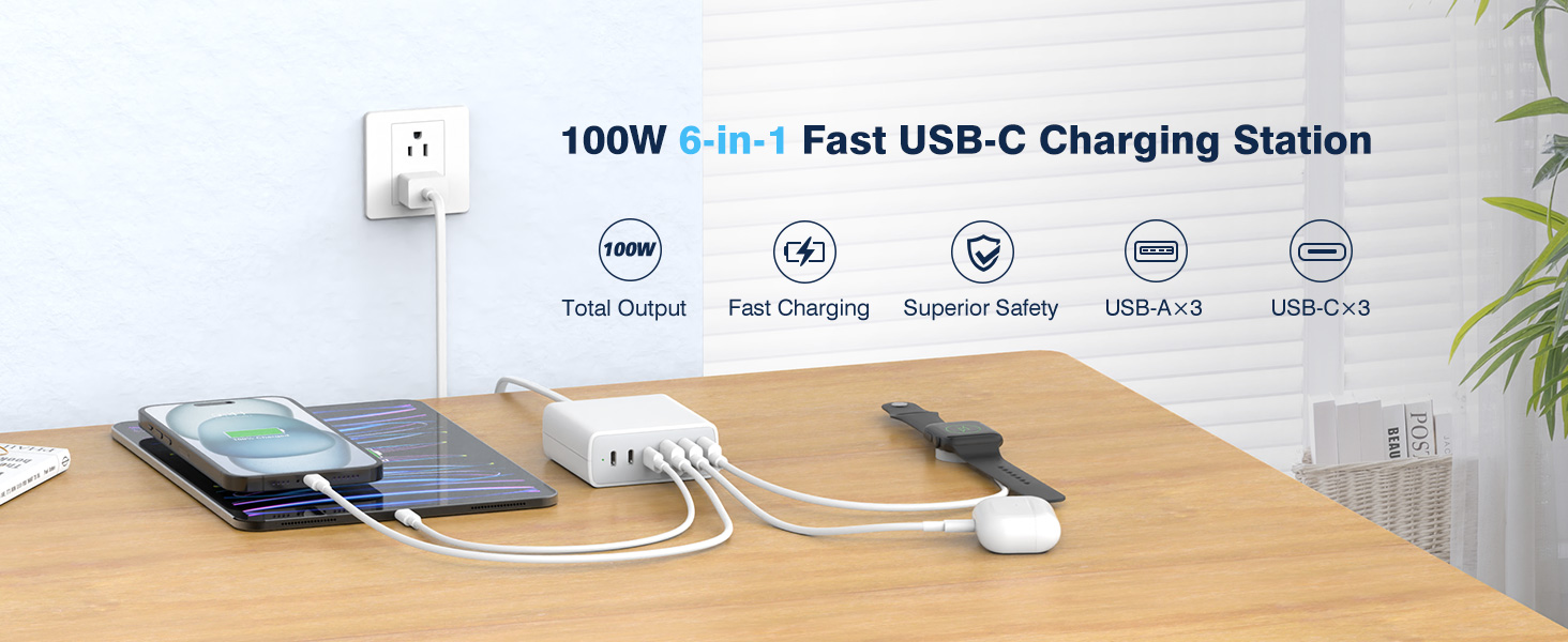 100W usb c charging station 3 USB C port and 3USB A port