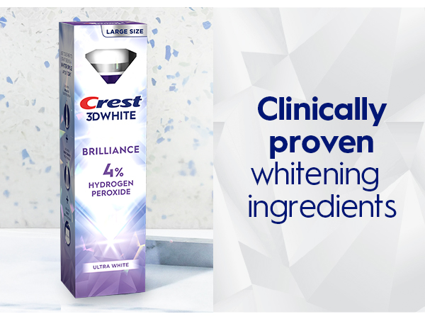 Crest 3DWhite toothpaste on bathroom counter. Clinically proven whitening results.