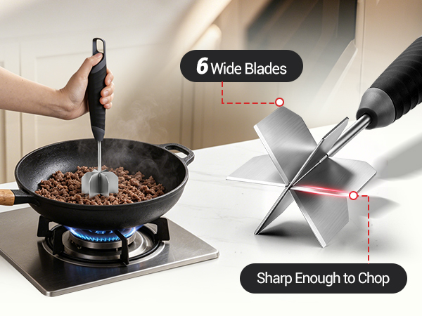 Ground Beef Chopper Tool with 6 Curve Blades &amp;amp; Ergonomic Non-Slip Handle