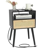 MaxSmeo Mid Century Modern Nightstand with Charging Station, Bedside Tables with Rattan Drawer, S...