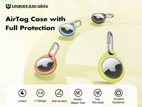 AirTag cases with full protection by Unbreakable. Set of 4 colorful cases with carabiners, featuring anti-scratch design, RoHS compliance, and durable TPU shell. Product showcased in various colors.