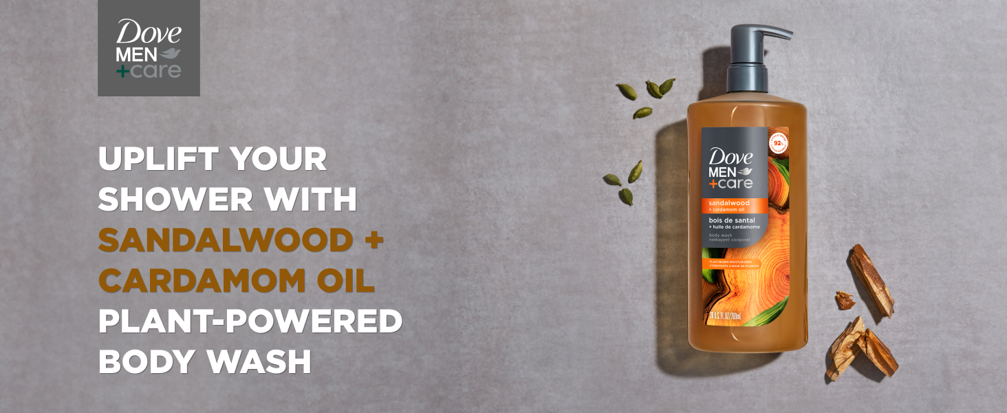 Dove Body Wash pump bottle on dark grey background with pieces of sandalwood and cardamon seeds.