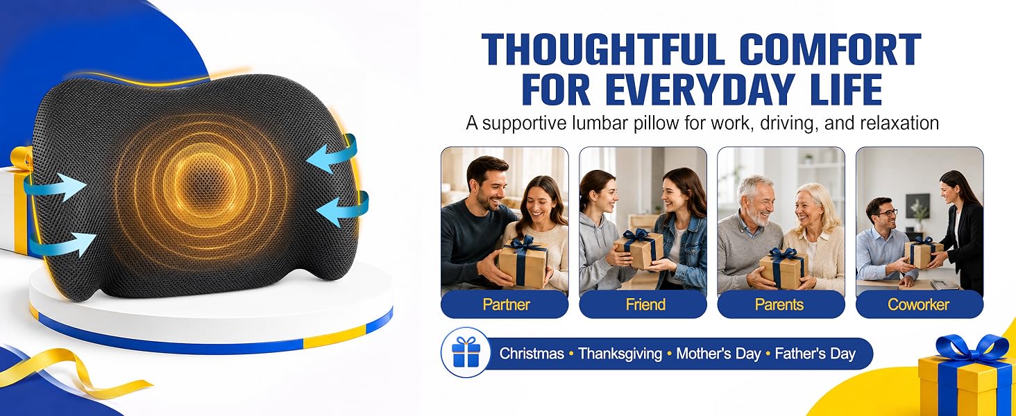 Lumbar support pillow for office chair provides everyday comfort and back support.
