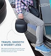 Person sitting with small black protective case for headphones. Text promotes 'Travel Smooth &amp; Worry Less' with mention of headphone protection for travel.
