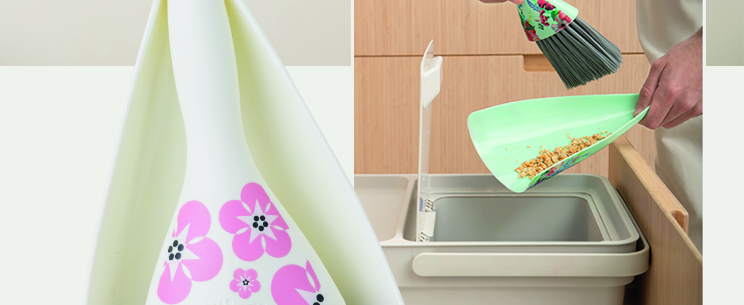 Wide dustpan mouth and angled brush bristles for efficient debris collection