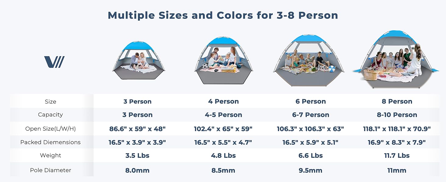 Multiple Sizes and Colors for 3-8 Person