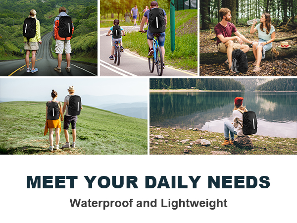 Collection of lifestyle photos showcasing black waterproof backpack in outdoor settings: hiking, cycling, and lakeside activities.