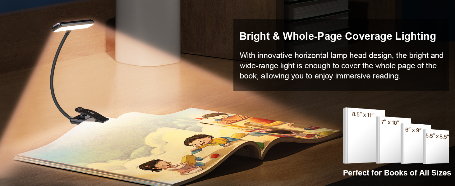 Book light demonstration showing bright, whole-page coverage with horizontal lamp design. Side lighting effectively illuminates entire page for reading.