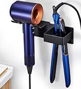 Blue handheld hair dryer shown from multiple angles, featuring attachments and styling capabilities.
