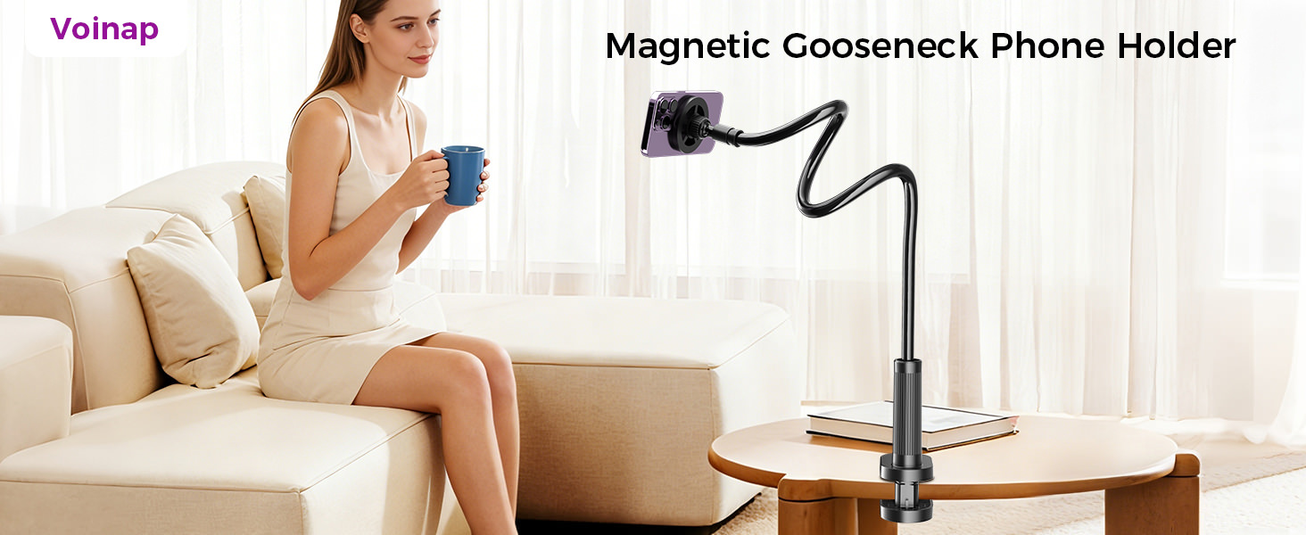 Text reads 'Magnetic Gooseneck Phone Holder'. Product demonstration showing flexible mounting arm holding phone above couch, with multiple viewing angles.