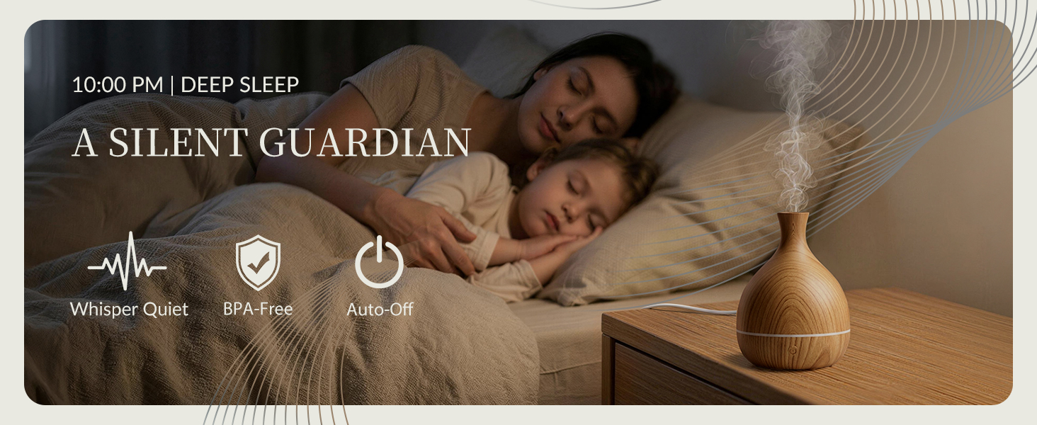 Quiet wood grain aromatherapy diffuser for bedroom with BPA-free and auto shut-off safety features.