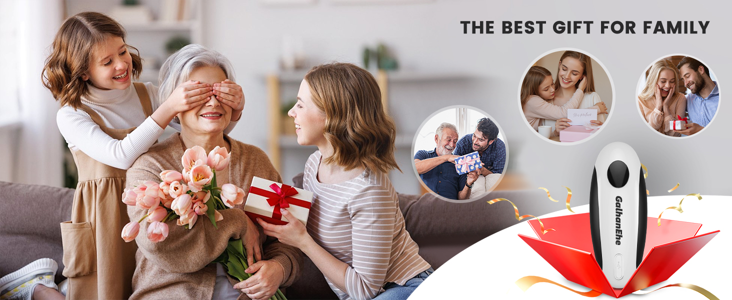 Text reads 'THE BEST GIFT FOR FAMILY' with circular family photo vignettes and red bow graphic below.