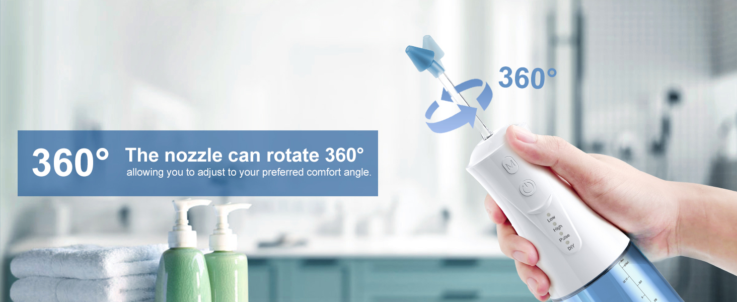 Hand holding spray bottle with 360-degree rotating nozzle. Text overlay explains nozzle rotation feature. Additional spray bottles in background.