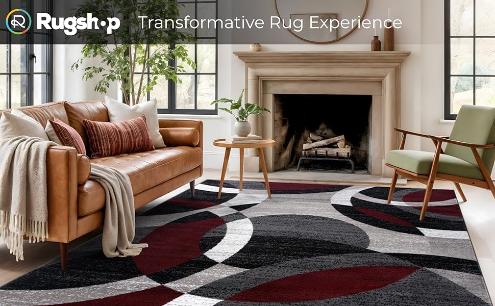 modern red gray rug with bold circular pattern, stylish contemporary design