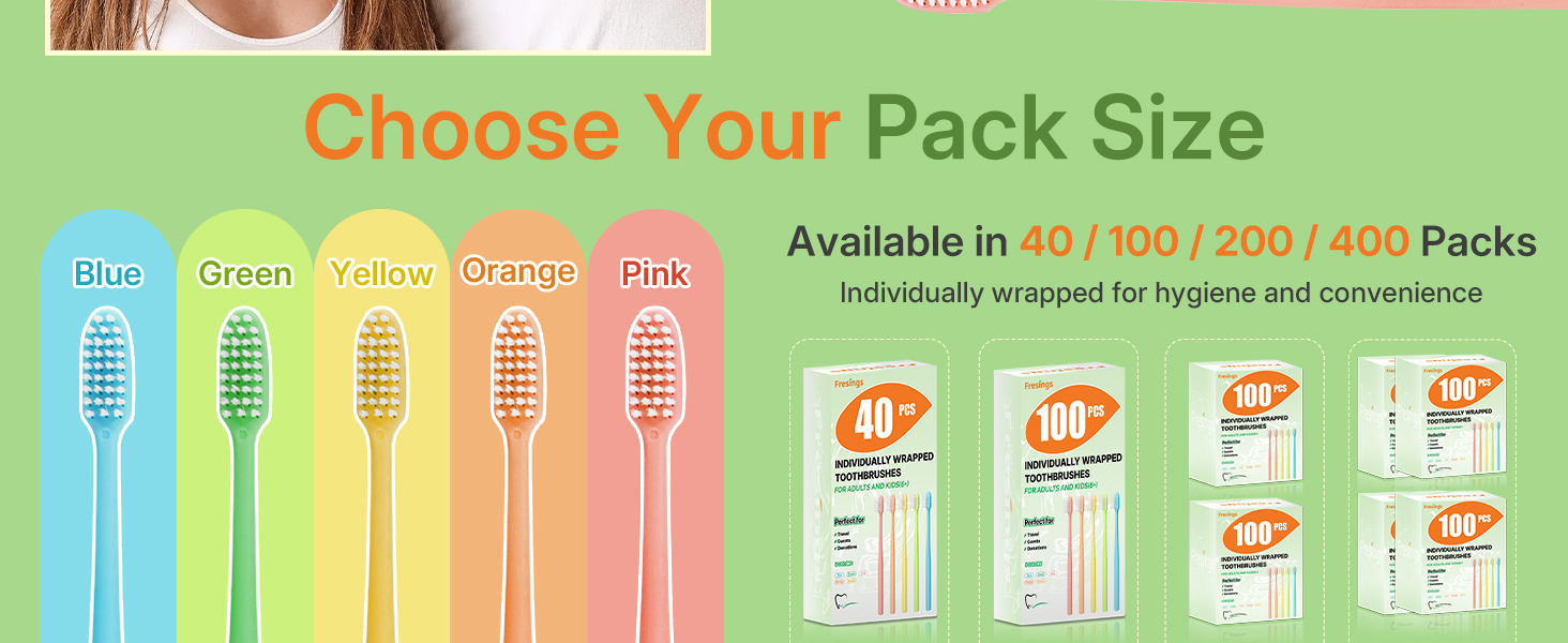 Bulk disposable toothbrush packs 40, 100, 200, 400; individually wrapped, mixed colors