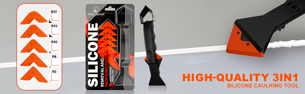 Text reads 'HIGH-QUALITY 3IN1'. Orange and black silicone caulking tool set with arrow indicators, showing multiple application angles and uses.