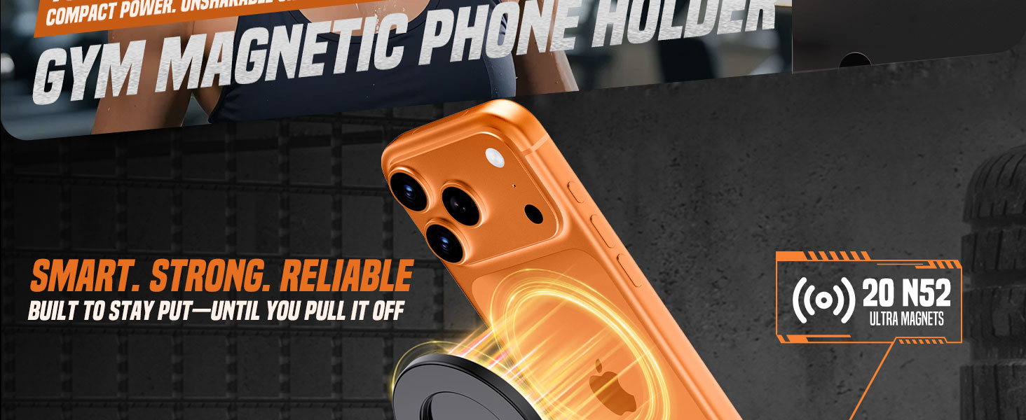 Double Sided Magnet: 20 magnets for phone, 6 for base. Securely snaps to metal gym equipment.
