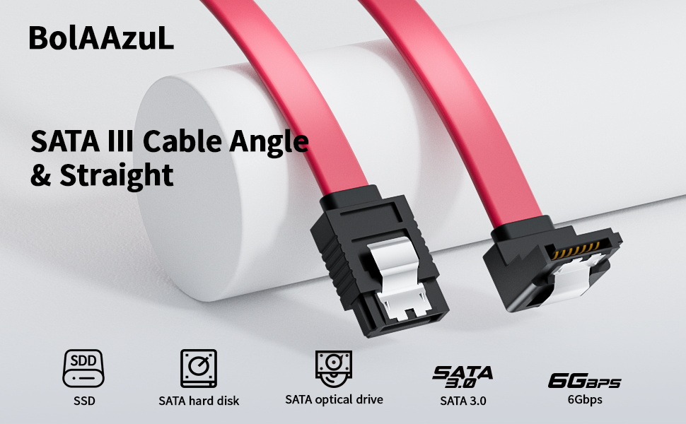 SATA Cable III, 3 Pack SATA Cable III 6Gbps 90 Degree Right Angle with Locking Latch 18 Inch