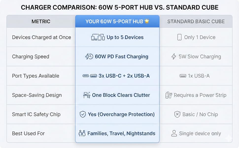 60w pd fast charging 5 port usb c wall charger vs standard 5w slow charging single port cube