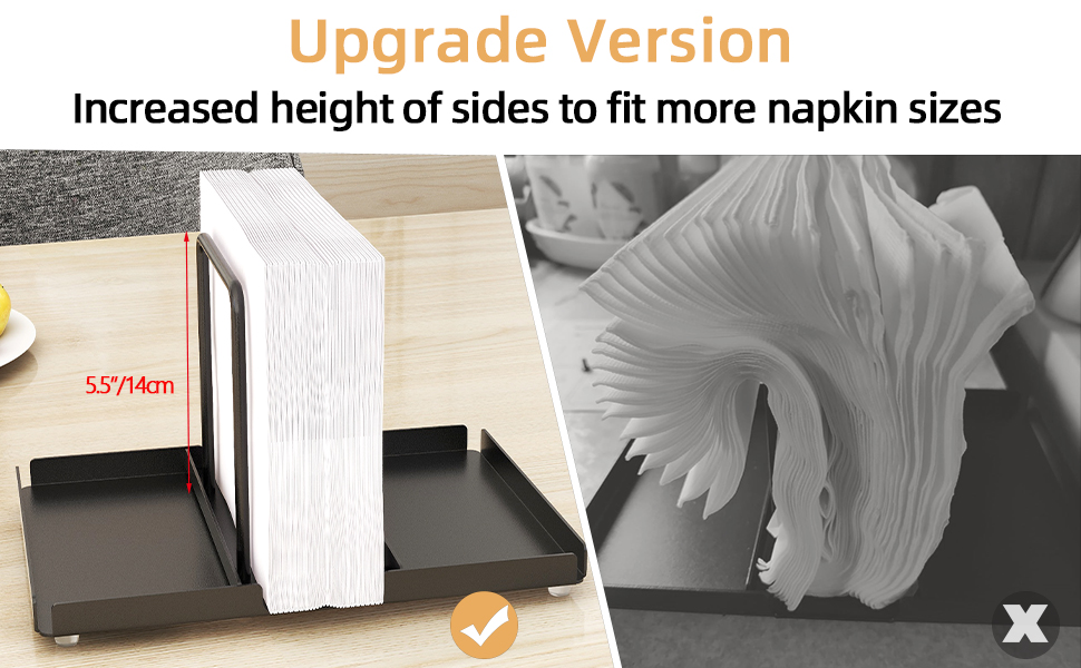 Napkin holder with increased side height of 55/14cm. Split image shows improved capacity for various napkin sizes.
