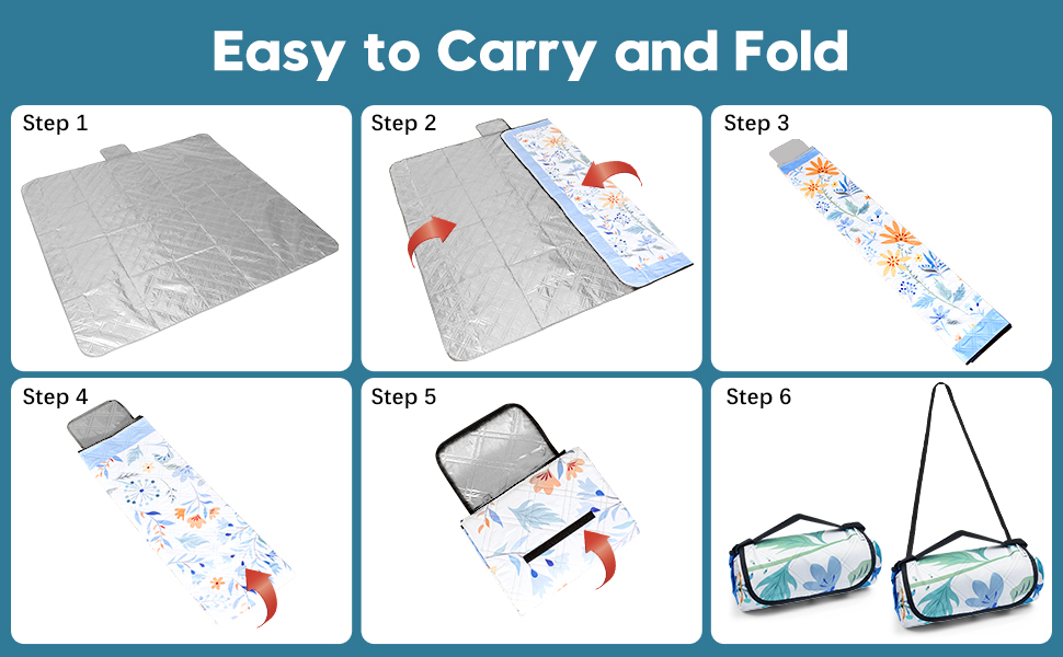Text reads 'Easy to Carry and Fold'. Sequence of demonstration images showing a gray portable item being folded and unfolded in multiple steps.