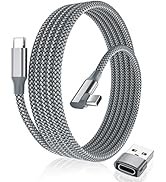 USB-C charging cable with braided gray and white nylon exterior. Features right-angle connector and USB-A adapter. Cable coiled in circular shape.