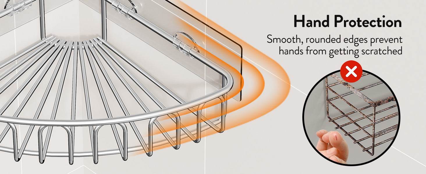 Text reads 'Hand Protection'. Technical diagram showing rounded edges on a device with orange highlighting and arrows indicating safety features to prevent hand scratches.