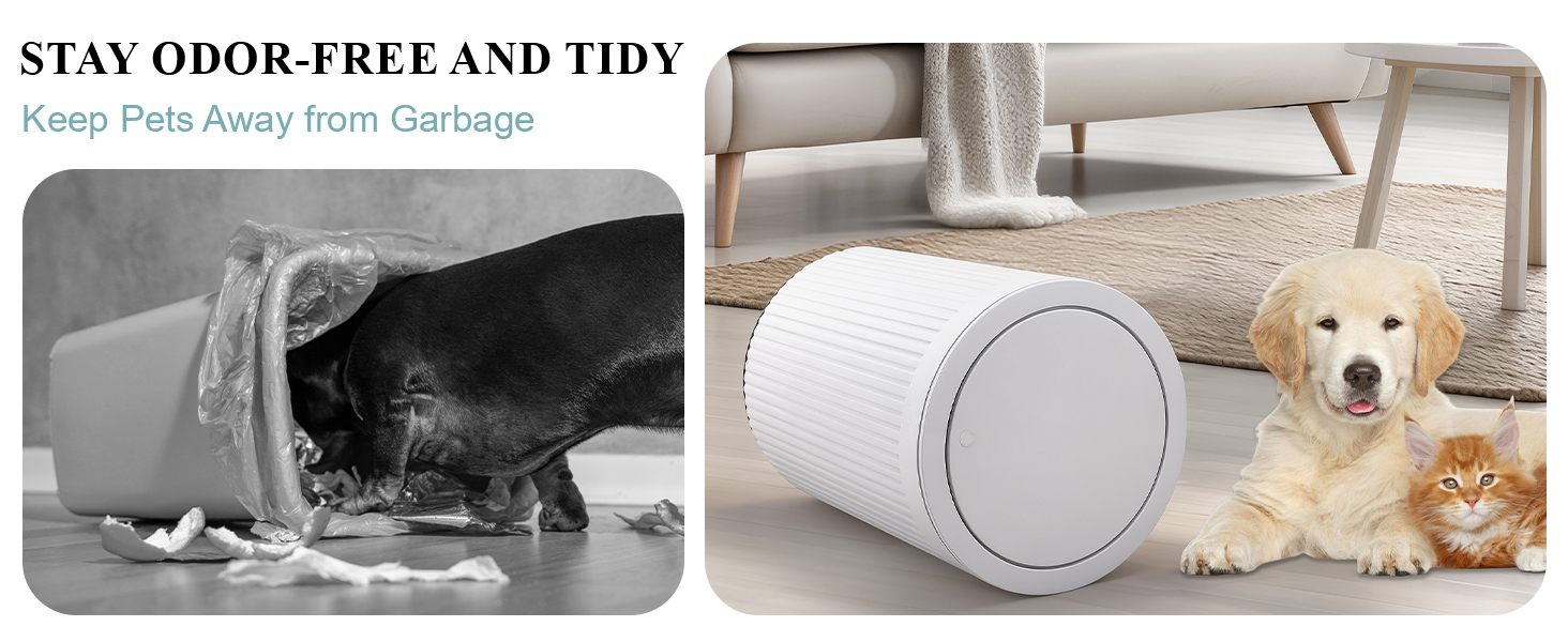 garbage can with lid, stay odor-free and tidy, keep pets (cat, dog) away from garbage