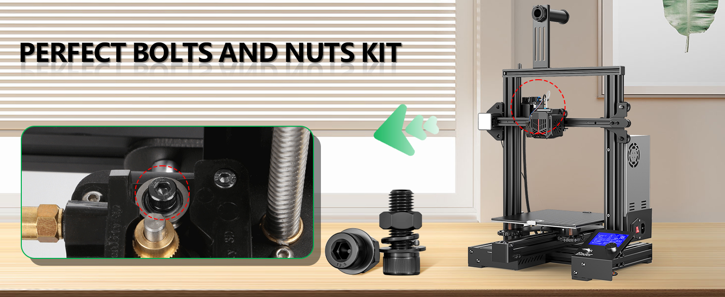 Assembly hardware kit displaying bolts and nuts alongside a 3D printer setup. Close-up shows detailed view of mechanical components.