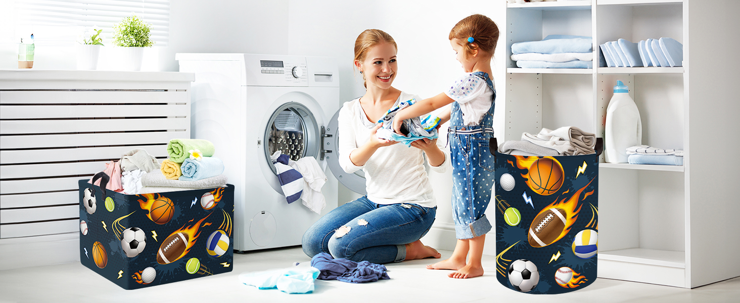 Laundry room scene with washing machine and storage shelves. Two decorative storage bins with sports ball patterns visible.