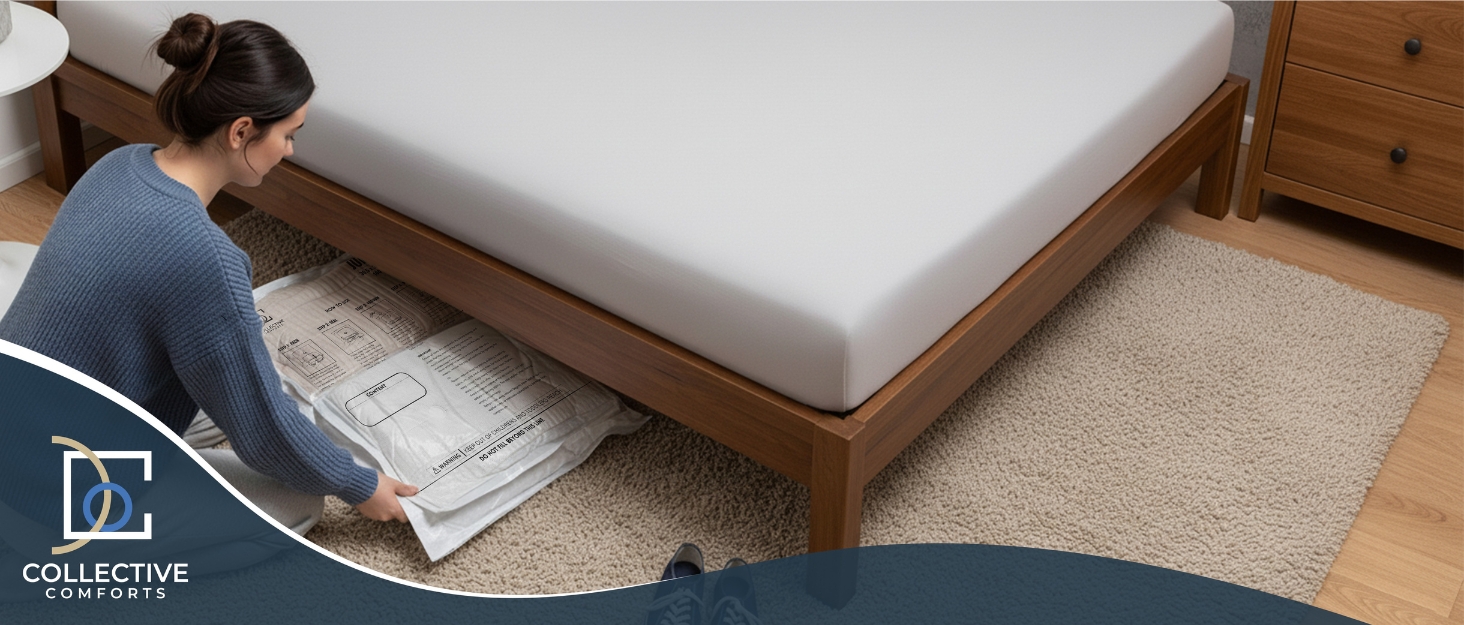 Vacuum storage bag placed under bed to organize bedding or clothing.