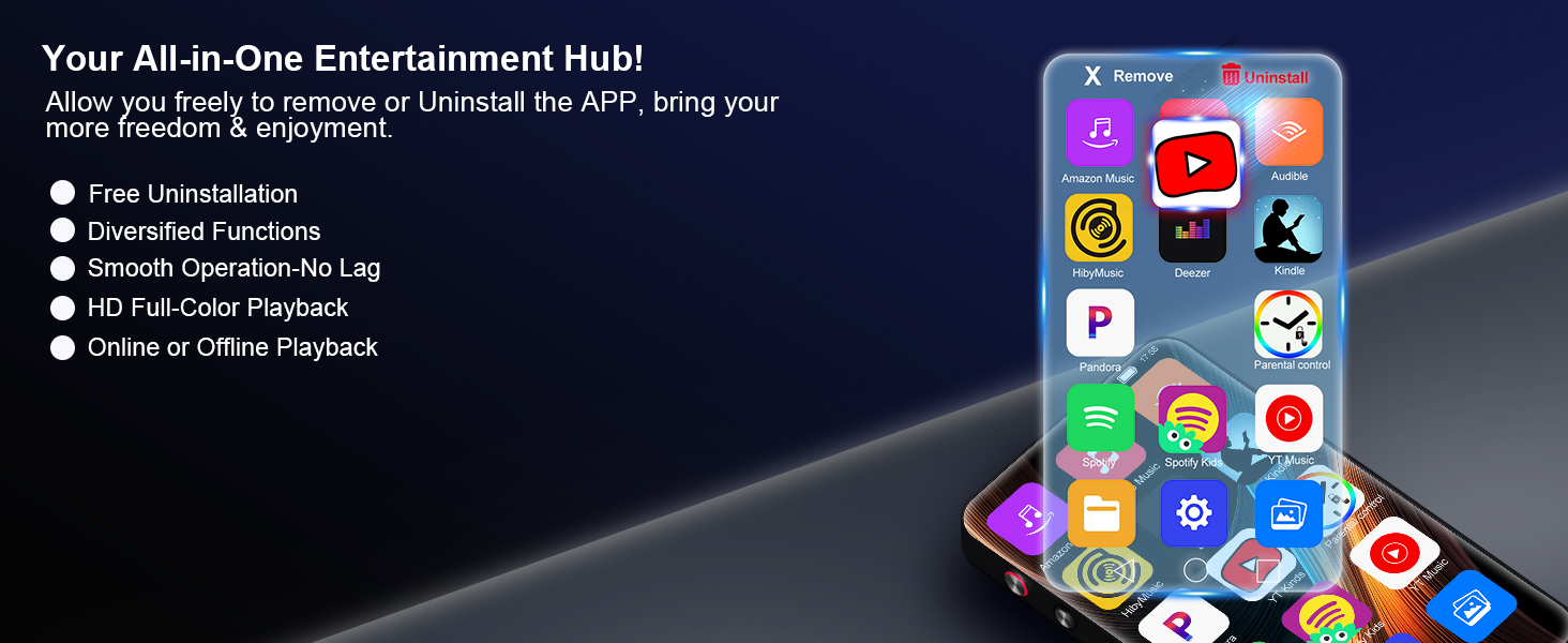 this smart mp4/ mp3 music player support you freely to remove or uninstall the apps