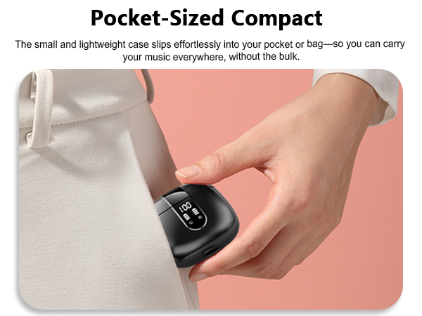 Text reads: 'Pocket-Sized Compact' and 'The small and lightweight case slips effortlessly into your pocket or bag—so you can carry your music everywhere, without the bulk.' Shows hands holding a small black device.