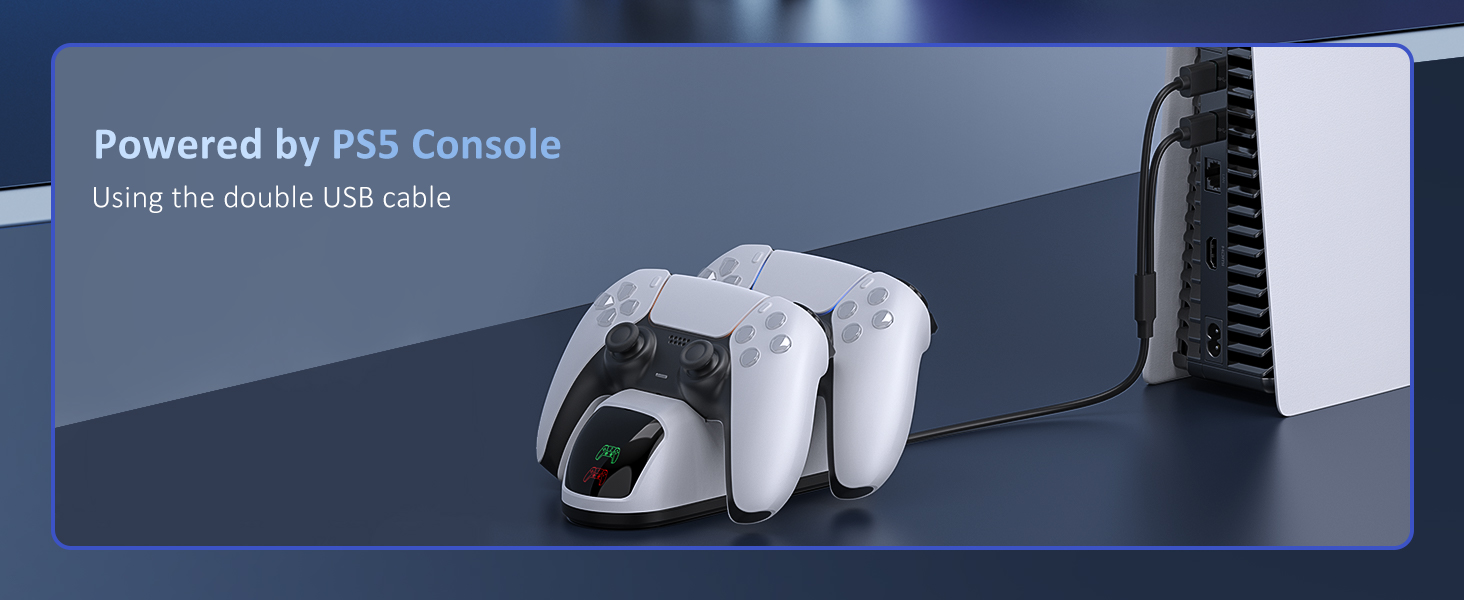 Powered by the PS5 console, the dock charges via dual USB cables.