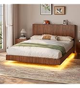 Evermagin Walnut Queen Floating Bed Frame with Headboard and LED Lights, Fluted Floating Bedframe...
