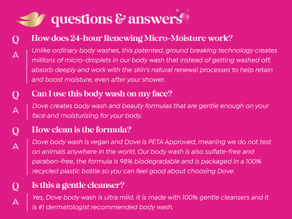 Q&amp;A section on a fuchsia background with a golden dove emblem &amp; soft bubbles.