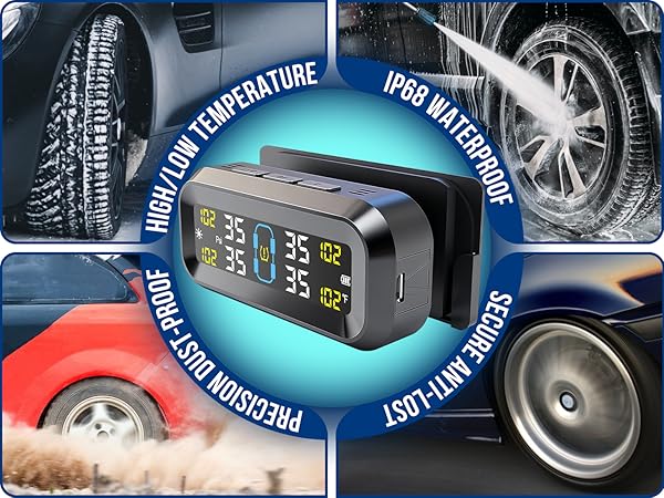 Tire Pressure Monitoring System with Solar &amp; USB Charger-TPMS with 4 External Sensors &amp; 6 Alarm Mode