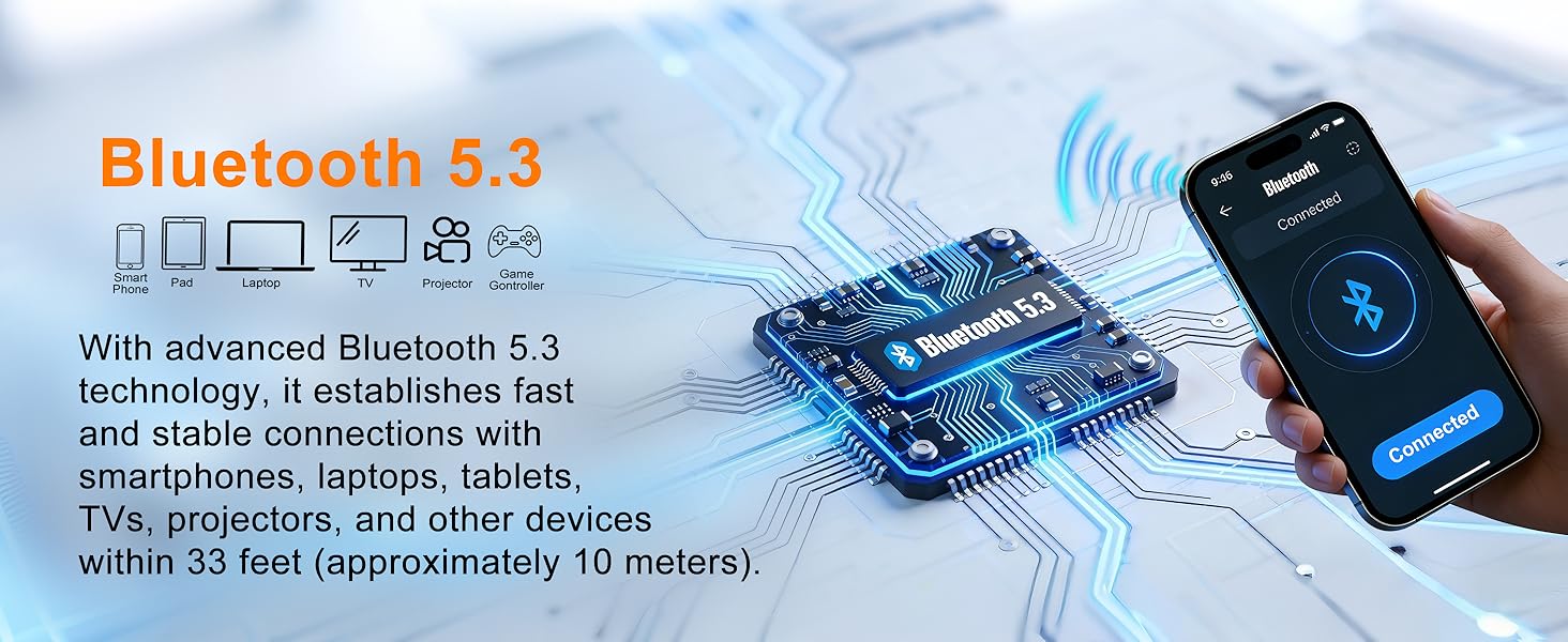 Bluetooth 5.3 wireless technology, can pair with any smart devices