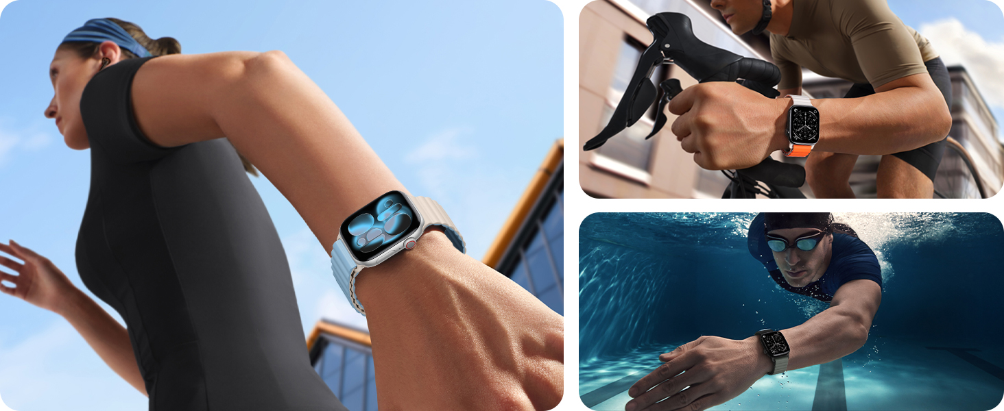 Series of action shots showing waterproof device usage in various scenarios including swimming and water activities.