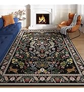 Living Room Rug 5x7 Rug Machine Washable Area Rug Floral Non-Slip Low Pile Large Rugs for Living ...